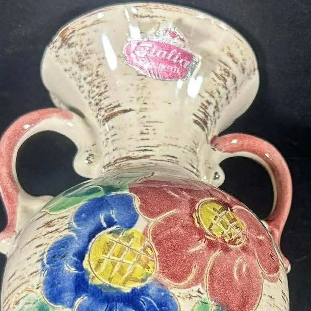 Italia Vase Cream Hand Painted Floral Double Handle Amphora‎ Vintage Italy 7in